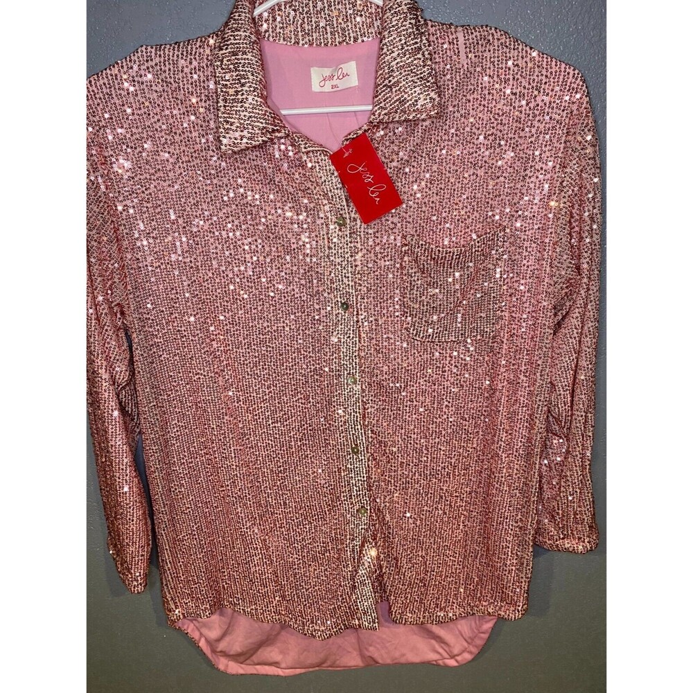 JESS LEA~ ATTENTION SEEKER SEQUIN BUTTON UP PINK~ SIZE 2XL NWT~ VERY PRETTY